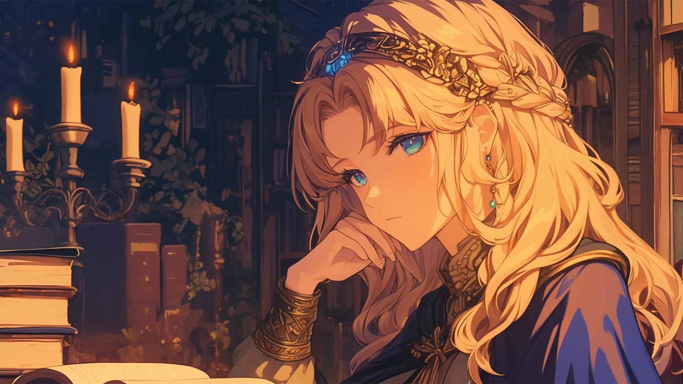 A girl studying with open books and candles in a quiet room